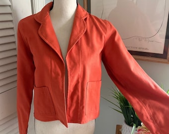Vintage GIRAFFE Womens Orange Open Front Cropped Jacket Pockets Minimalist | 6