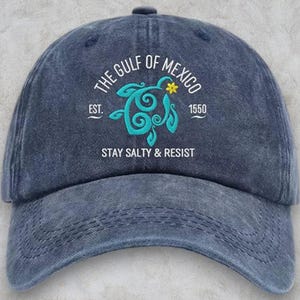 Gulf of Mexico Stay Salty Resistance Embroidered Hat, Vintage Cap, Subtle Political Hat, Resist Cap, Ridley Turtle Hat, Gift for Democrat