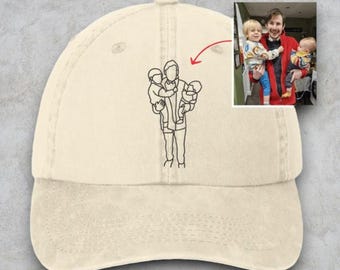 Embroidered Personalized Photo Hat, Dad Portrait Hat, Dad Gift, Custom Sketch Outline Cap, Grandpa Cap with Kids, Father’s Day Gift for Him