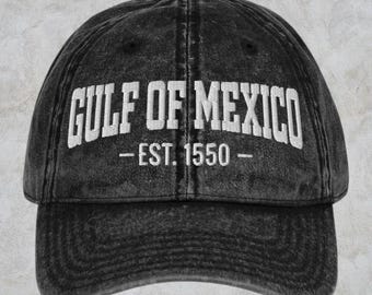 Gulf Of Mexico Est 1550 Embroidered Hat, Embroidered Twill Cap, Gulf Coast, American Gulf of Mexico, Vintage Washed Hat