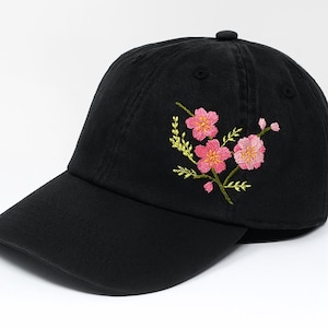 Cherry Blossom Embroidered Hat – Sakura Flower Baseball Cap, Washed Cotton Curved Brim Hat, Grey Summer Hat, Aesthetic Floral Gift
