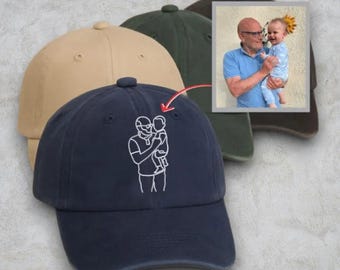 Embroidered Dad Portrait Hat, Personalized Photo Hat, Dad Gift, Custom Sketch Outline Cap, Grandpa Cap with Kids, Father’s Day Gift for Him