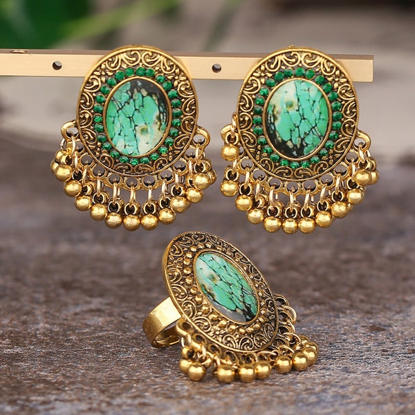 Bohemia Gold colour earring set with green beads ring gifts ,special occasion