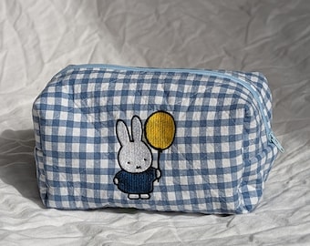 Miffy Handmade Sustainable Quilted Blue Gingham Makeup Bag, Cosmetic Bag, Travel Bag, Pencil Case