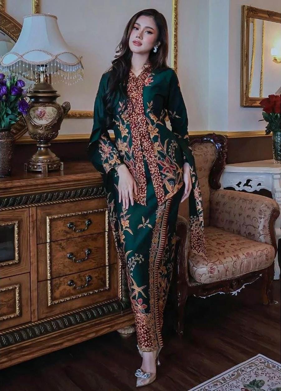 Women's Long Dress Batik with Floral Pattern Traditional Indonesian Outfit for All Size