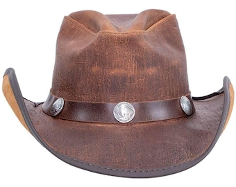 Handmade Brown Leather Cowboy Hat with Concho Band | Western Outback Rodeo Hat
