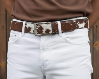 Handmade Cowhide Hair-On Leather Belt | Brown White Western Rustic Buckle