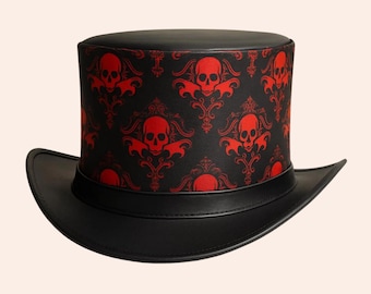 Handmade Gothic Steampunk Black & Red Leather Top Hat with Red Skull | Vintage Western Style Hat | Unique Gift for Him or Her | Cosplay