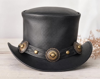 Black Leather Top Hat with Steampunk  Accents, Gothic Cosplay Festival Hat