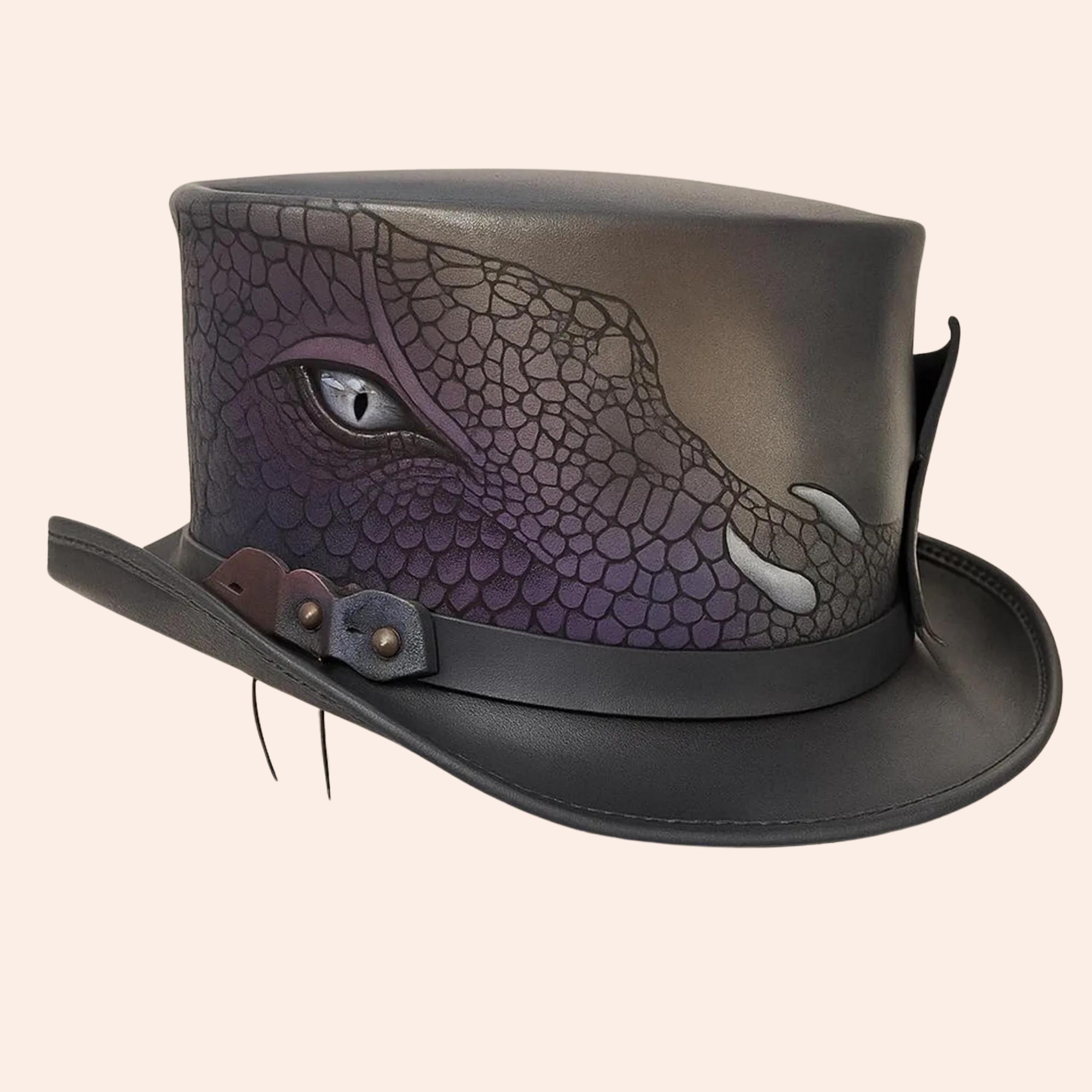 Handmade Black Leather Dragon Eye Top Hat – Steampunk Fantasy Gothic Victorian Style Cosplay Festival Hat Birthday Gift for Him or Her