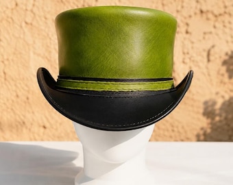 Handmade Green Leather Top Hat: Steampunk Forest Design
