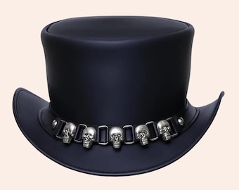Handmade Black Leather Top Hat with Skull Band – Steampunk Gothic Victorian Rocker Biker Festival Cosplay Hat Birthday Gift for Him or Her