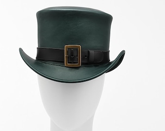Handmade Green Leather Steampunk Top Hat: Gothic Cosplay Festival Style
