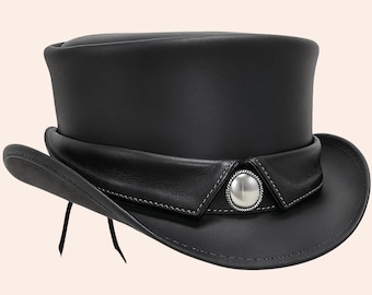 Handmade Black Leather Top Hat with Silver Concho Band – Steampunk Gothic Victorian Cowboy Festival Cosplay Hat Gift for Him or Her