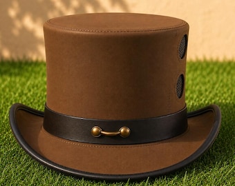 Handmade Brown Leather Steampunk Victorian Top Hat with Black Band