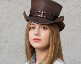 Handmade Brown Leather Top Hat with Studded Band | Steampunk Victorian Cosplay Festival Hat