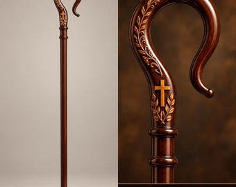 May include: A dark brown wooden shepherd's crook featuring a polished finish and a curved top. The hook is decorated with an inlaid light-colored wooden cross and intricate leaf carvings that extend along the side of the curved handle.