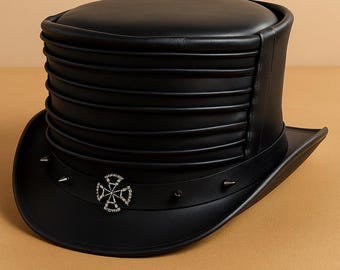 Black Leather Steampunk Top Hat with Spikes, Gothic Cross Emblem