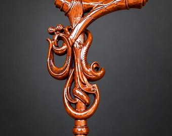 May include: A polished brown wooden walking cane featuring an intricate, carved handle with swirling, organic patterns and a smooth, glossy finish. The design includes a horizontal grip section and a vertical shaft with detailed relief carvings.