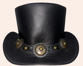 Handcrafted black leather top hat with antique brass conchos Steampunk hat cowboy hat Gothic top hat Western Style hat gift for him or her