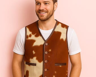 Handmade Cowhide Leather Western Vest: Hair-On Hide, Biker Style