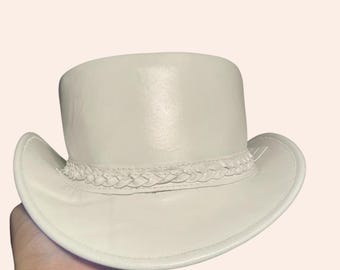 Handmade White Leather Hat Elegant Design Perfect for Weddings Steampunk top hat cowboy hat Gothic hat Western Style hat gift for him or her