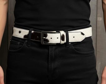 Handmade Black & White Cowhide Leather Belt – Genuine Hair-On Western Unisex Style | Gift item