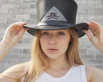Handmade Black Leather Top Hat with Skull Crossbones Emblem | Gothic Steampunk Cosplay Festival Hat