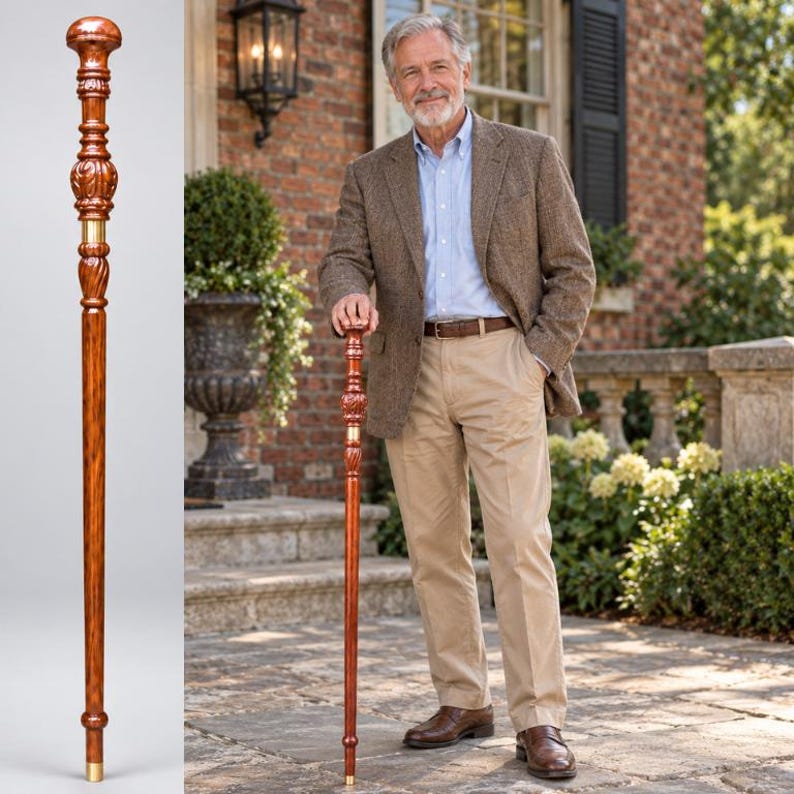 May include: A tall, polished wooden walking stick featuring a rounded, carved handle with intricate decorative patterns and a smooth, straight shaft. The design includes a metallic gold-colored band accent located below the handle section.
