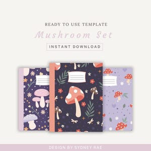 Könnte beinhalten: Drei Notizbücher mit Pilzdesigns. Die Umschläge zeigen verschiedene Muster mit Pilzen, Blumen und Blättern in Lila-, Rot- und Cremetönen. Der Text "Mushroom Set" und "Instant Download" ist sichtbar.
