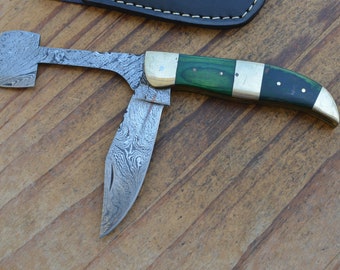 damascus handmade 2 blade folding knife with damascus blade stain olive wood handle and a fine leather sheath 6101