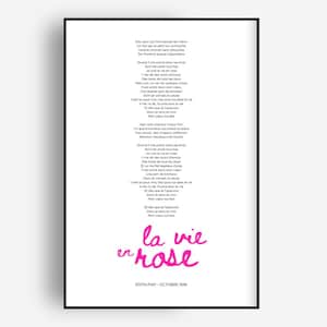 Edith Piaf &quot;La Vie En Rose&quot; Lyrics Print, Wall Art Decor, Musical Art, French Poster