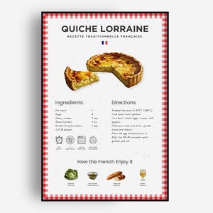 Quiche Lorraine receptposter, Franse keukenkunst, afdrukbaar receptdecor, digitale download, voedselillustratie, 24 x 36&quot;, A1, US Letter