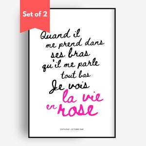 Impresión de la letra de "La Vie En Rose" de Edith Piaf, decoración de pared, arte musical, póster francés, juego de 2 pósteres