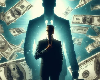 Op de afbeelding: Een man in pak staat voor een groot silhouet van een andere man in pak. De achtergrond is gevuld met vallende dollarbiljetten.
