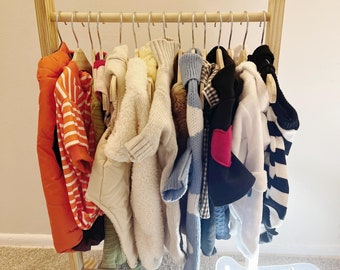 Dog clothing rack/holder, pet accessory organizer store display, clothes wardrobe closet, harness collar storage, wooden bandana hanger