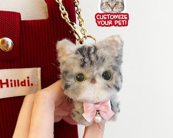 Custom Cat Keychain, Custom Kitty Bag Charm, Mini Pet Figurine Keychain, Cute Fluffy Cat Plush Keyring, Pet Portrait Memorial, Pet Loss Gift