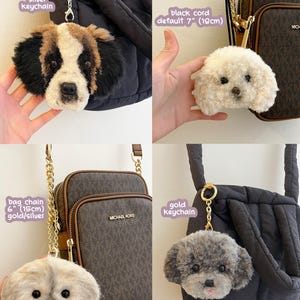 May include: Four plush dog keyrings in different colours, attached to bags. One is a Saint Bernard with a silver keyring. Another is a white poodle with a black cord, approximately 18 cm. The third is a beige dog with a gold/silver bag chain, about 15 cm. The last is a grey poodle with a gold keyring.
