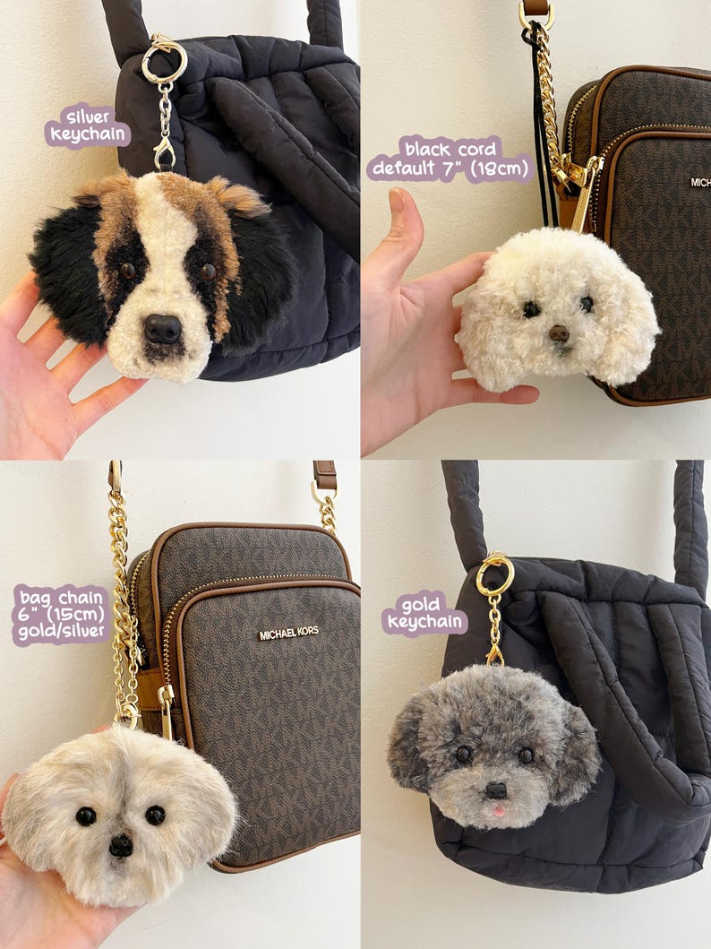 May include: Four plush dog keyrings in different colours, attached to bags. One is a Saint Bernard with a silver keyring. Another is a white poodle with a black cord, approximately 18 cm. The third is a beige dog with a gold/silver bag chain, about 15 cm. The last is a grey poodle with a gold keyring.