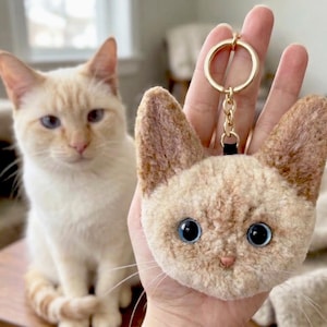 May include: A plush cat-shaped keychain in tan and white, featuring large blue eyes and a gold keyring. The keychain is held up in front of a real cat with similar coloring and blue eyes. The keychain is three-dimensional.