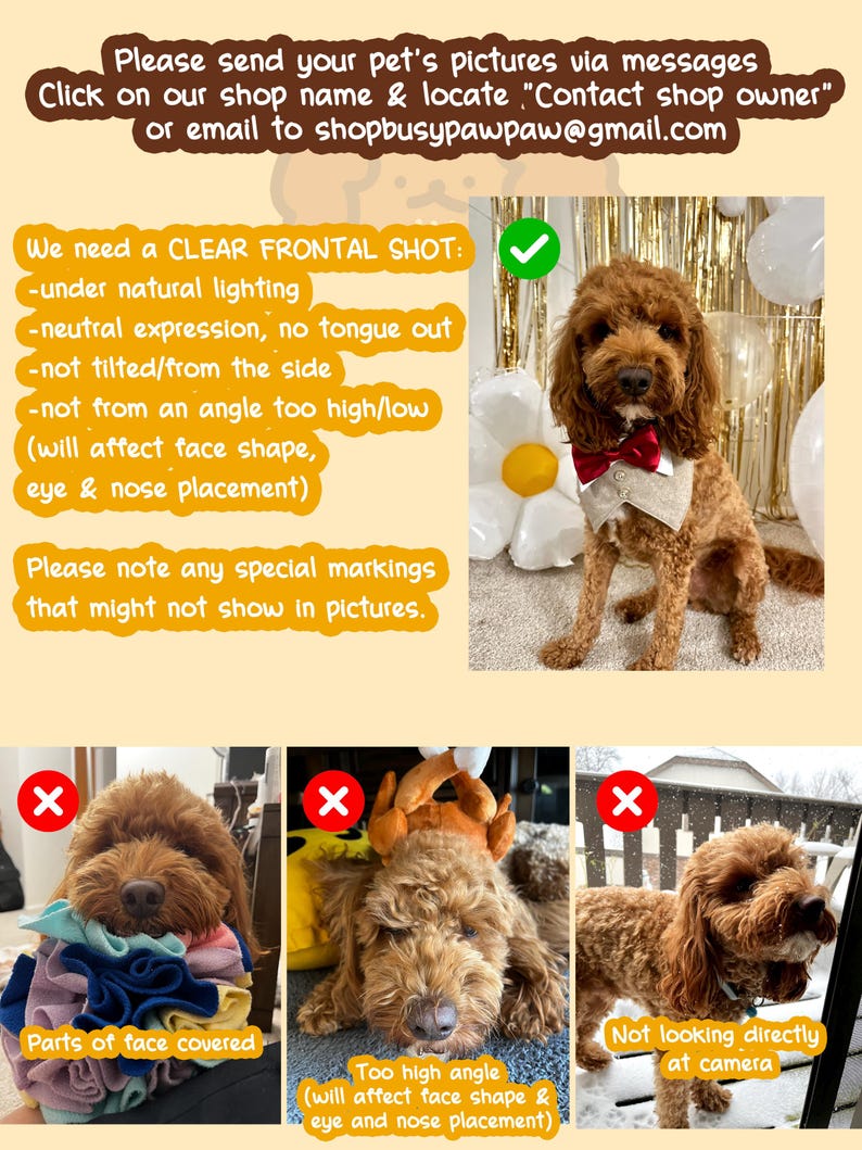May include: A brown dog in a bow tie and vest, with text instructions for pet photos. The text details requirements for a clear frontal shot, natural lighting, and neutral expression. Examples of incorrect photos are also shown.