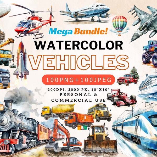 Watercolor Vehicle, Transportation Clipart Bundle, 200 Designs (100 PNG+100 JPEG), 300 DPI, 10"x10", 3000 px, Personal & Commercial License