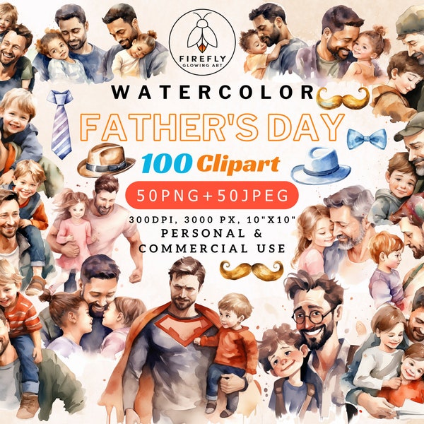 Watercolor Father's Day Clipart, 100 Designs (50 PNG + 50 JPEG), with Dad, Moustache, Bow Tie, Neck Tie, Hat, 300 DPI, 10"x10", 3000 px