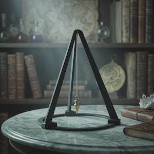 May include: A black metal pendulum stand with a gold-colored pendulum hanging from a chain. The stand is triangular and sits on a circular base. The background features a marble table, books, and antique items.