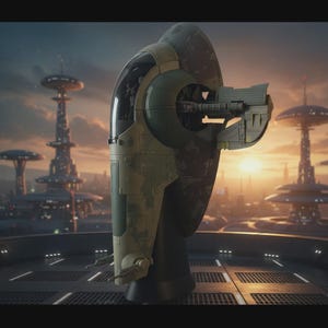 May include: A detailed model of a spaceship, featuring a green and gray camouflage design. The ship has a distinctive cockpit and side-mounted weaponry. The background shows a futuristic cityscape with tall, domed structures and a sunset.