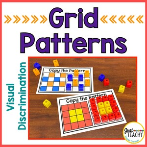 May include: Two printable worksheets with grid patterns for kids to copy using colorful blocks. The worksheets have the text "Copy the Pattern" and are on a wooden table.