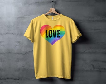 Colorful Rainbow Heart T-Shirt with Bold Love Text for Pride and Equality