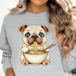 Cute Pug Eating Ramen T-Shirt, Anime Dog Noodles Graphic Tee, Kawaii Pet Food Lover Shirt, Adorable Cartoon Puppy Top, Fun Animal Design