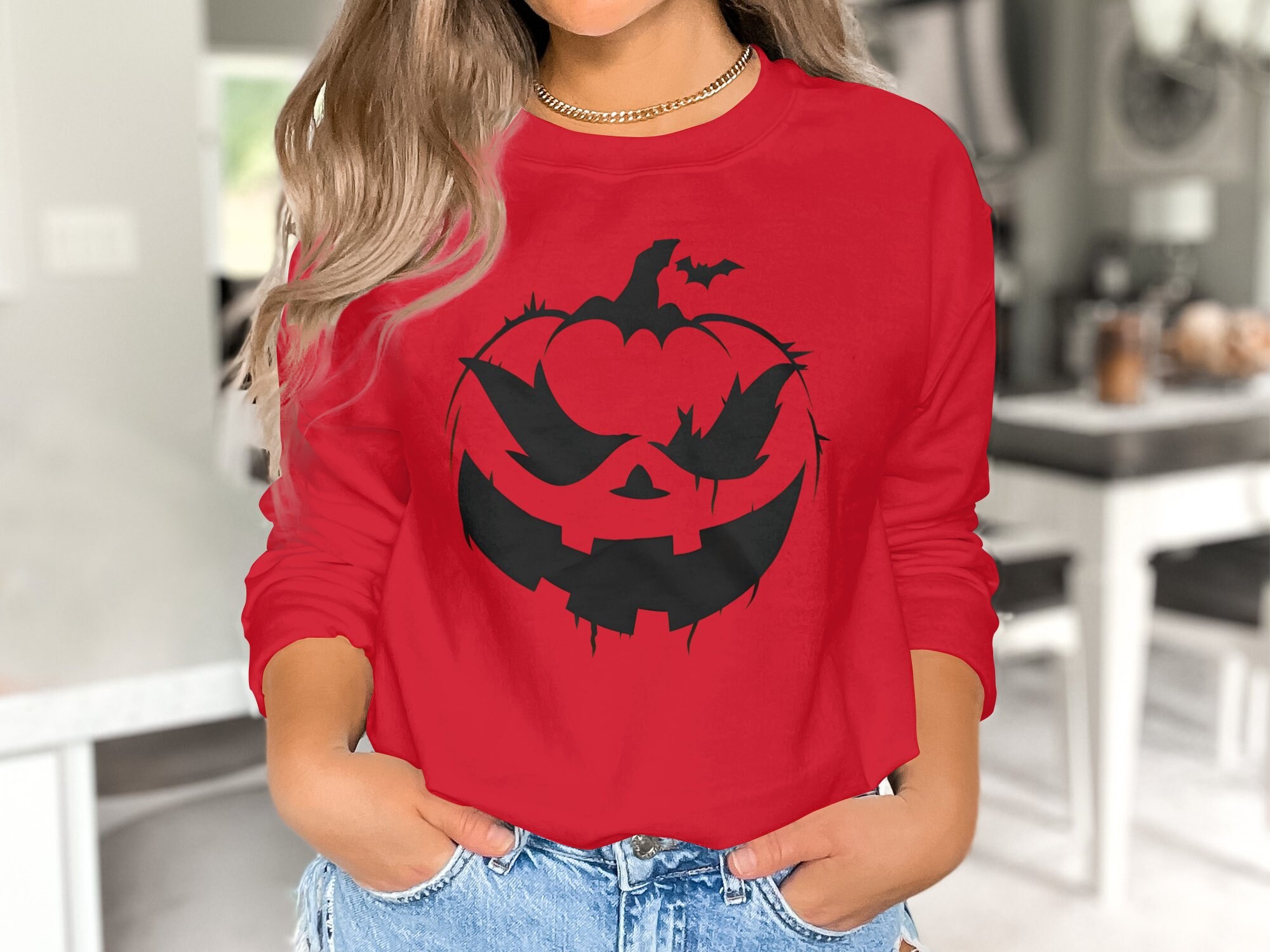 Women's Pumpkin Halloween Slouchy Sweatshirt - Cozy Long Sleeve Pullover
