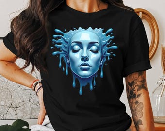 Camiseta, sudadera y camiseta sin mangas con la imagen de una mujer con agua: rostro abstracto azul goteando